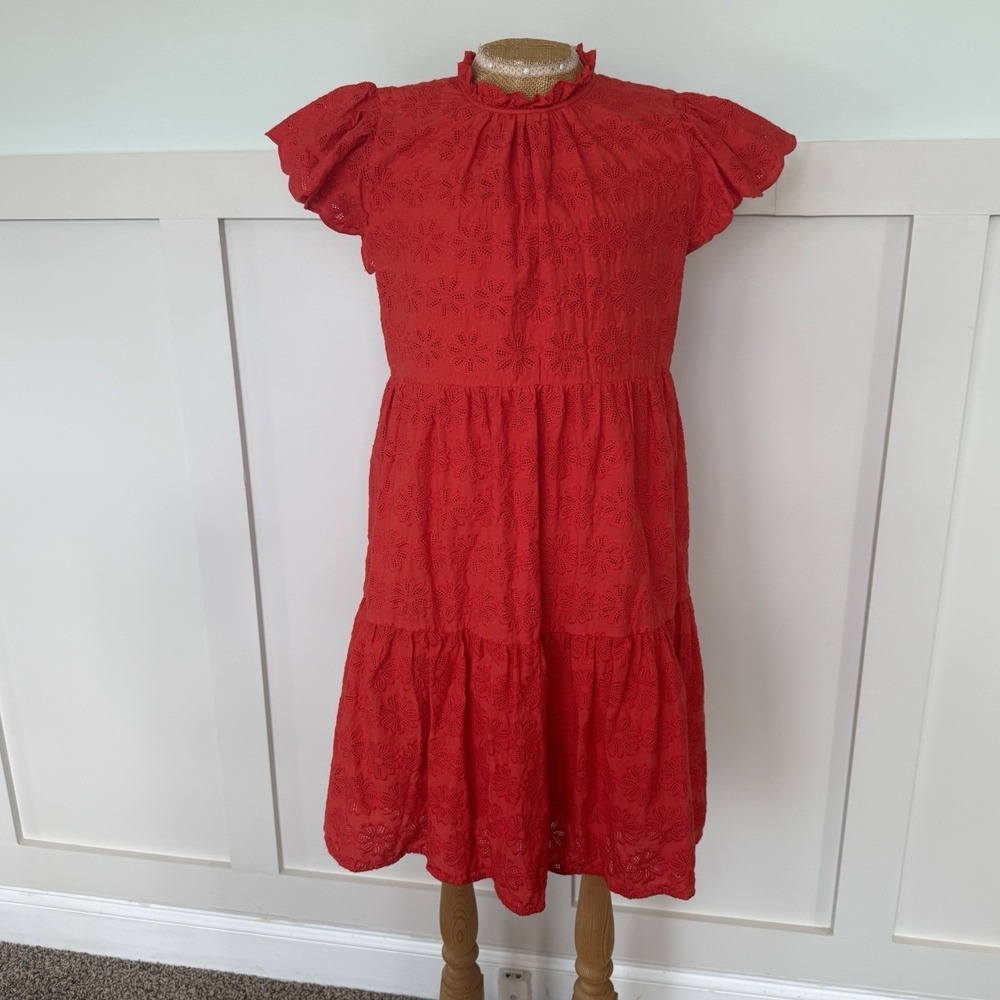 Crown & Ivy Eyelet Lace Ruffle Dress SM Red Flutter Sleeve Spring Cotton Lined
